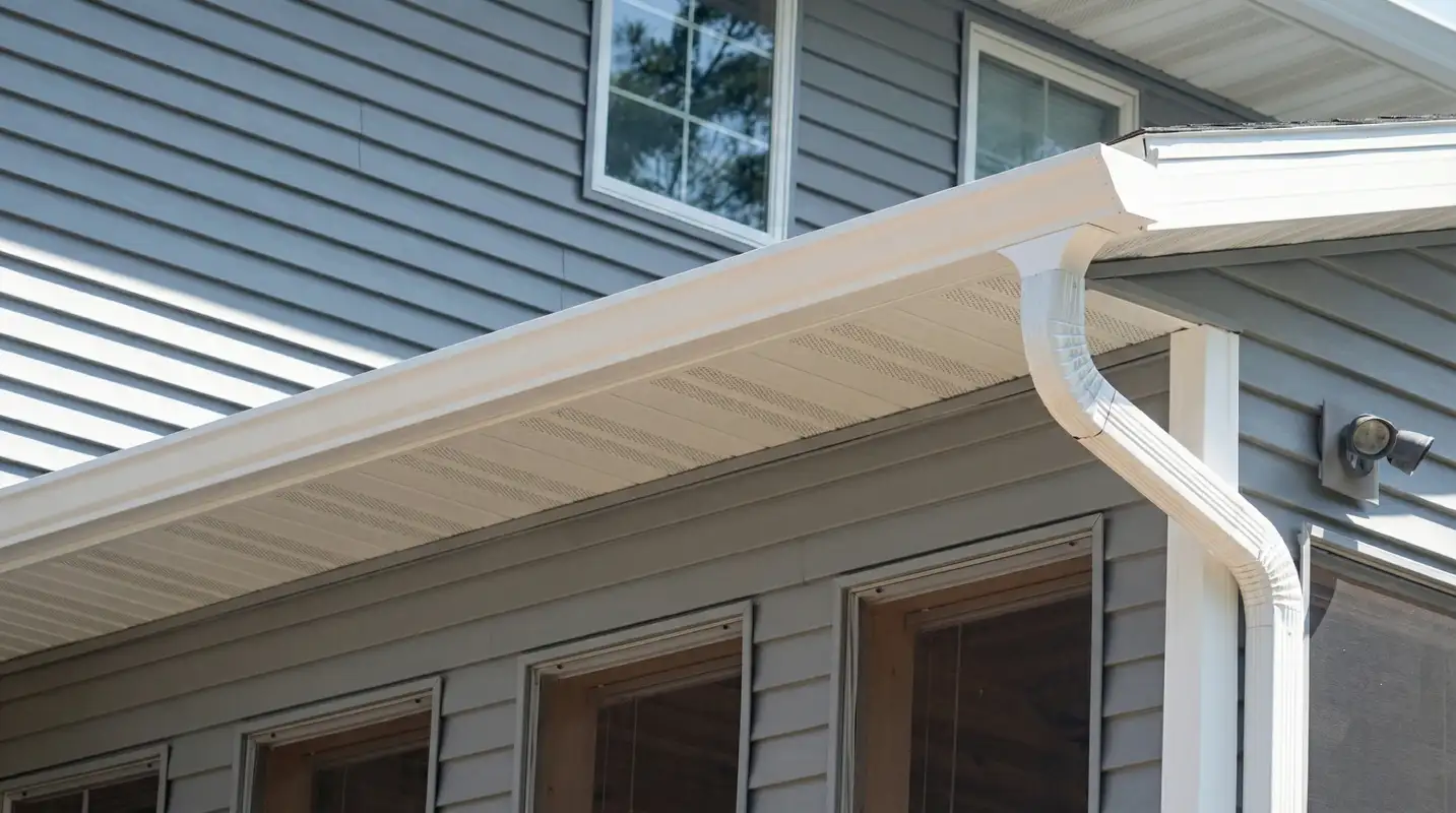 Professional home remodeling project showing newly installed white seamless gutters and downspouts on a house with gray siding in Huntsville, AL