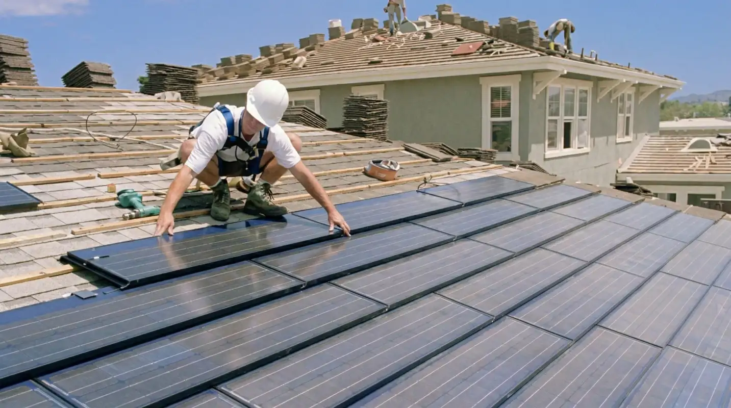Roof replacement expert installing modern solar shingles on a residential home in Huntsville, AL