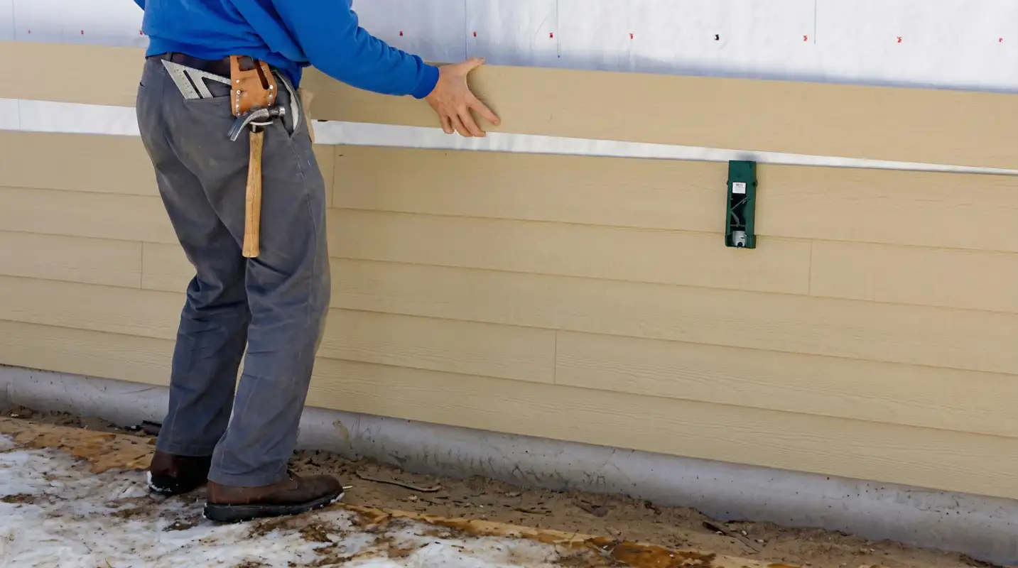 Siding replacement expert carefully aligning a new tan siding panel onto a residential exterior wall in Huntsville, AL