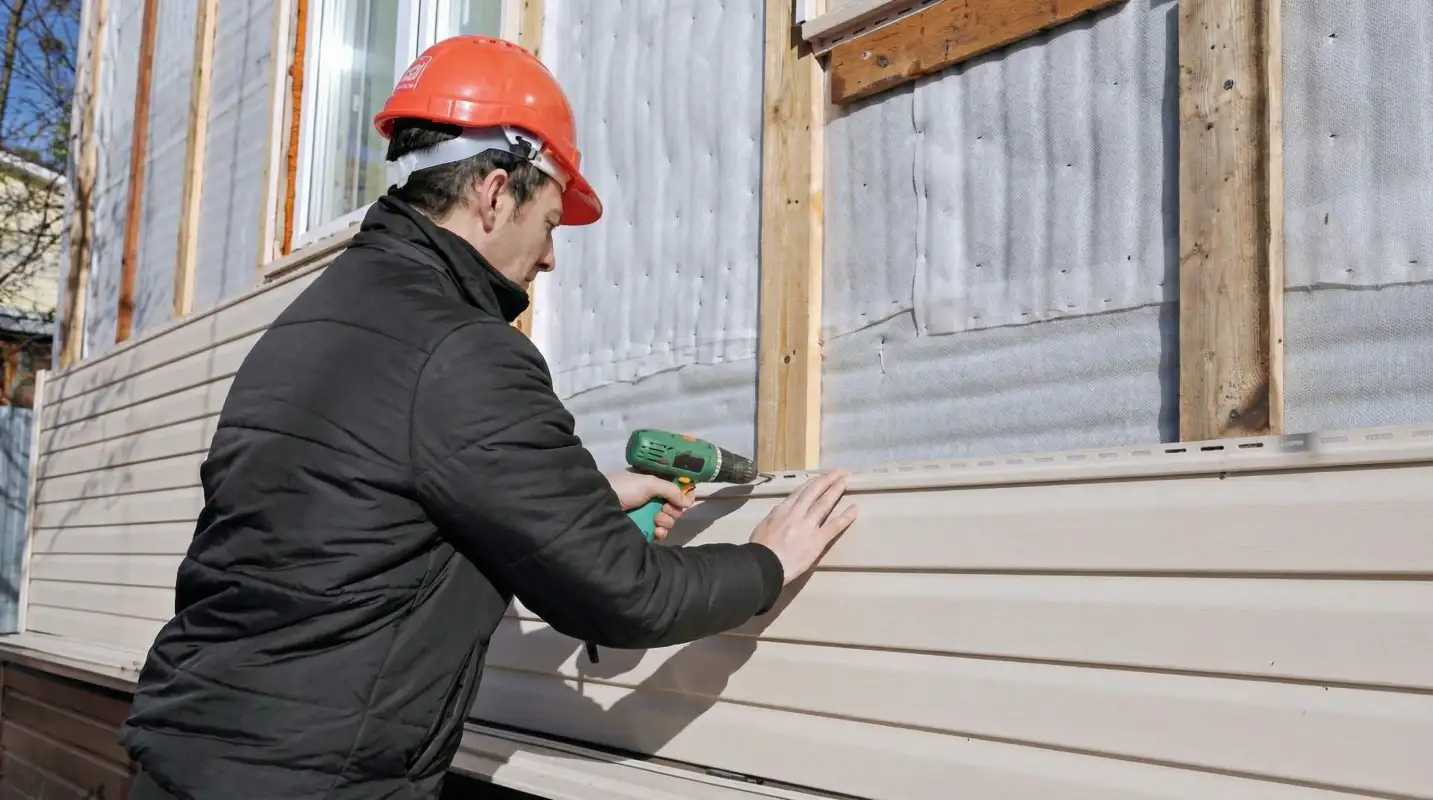 Siding replacement professional using a power drill to install new tan vinyl siding on a home exterior in Huntsville, AL