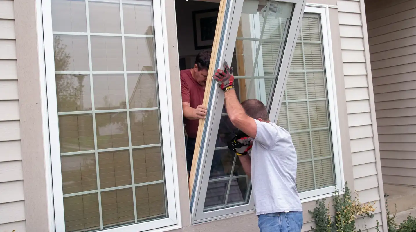 Professional home remodeling team installing a large replacement window on a house with tan siding in Huntsville, AL